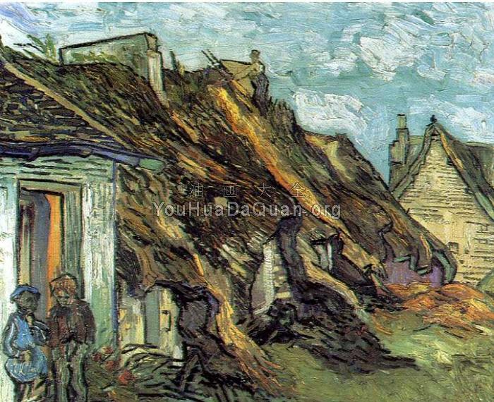 有茅草屋顶的村舍和人物 - 文森特·威廉·梵高